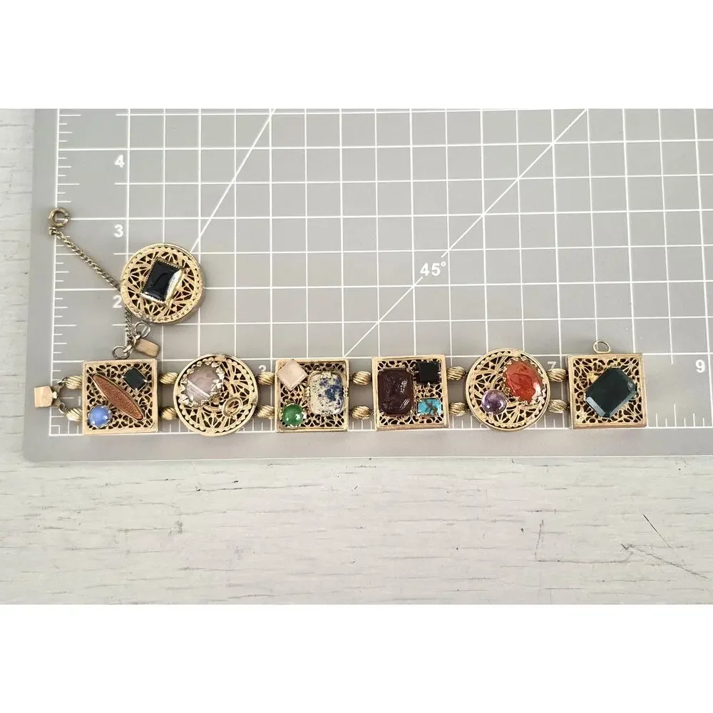 Vintage Kafin New York Chunky Ornate Multi-color Stone Panel Bracelet